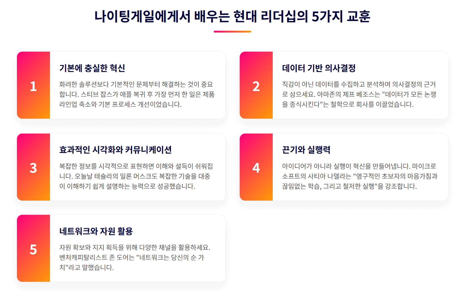 나이팅게일에게서 배우는 현대 리더십의 5가지 교훈을 보여주는 그래픽 카드. 기본에 충실한 혁신, 데이터 기반 의사결정, 효과적인 시각화와 커뮤니케이션, 끈기와 실행력, 네트워크와 자원 활용이 각 카드에 설명되어 있으며, 하단에 피터 드러커의 명언이 인용되어 있다.